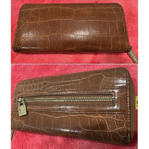 Anne Klein Women’s Wallet Brown Croc Embossed Faux Leather Zip Around - Picture 1 of 12